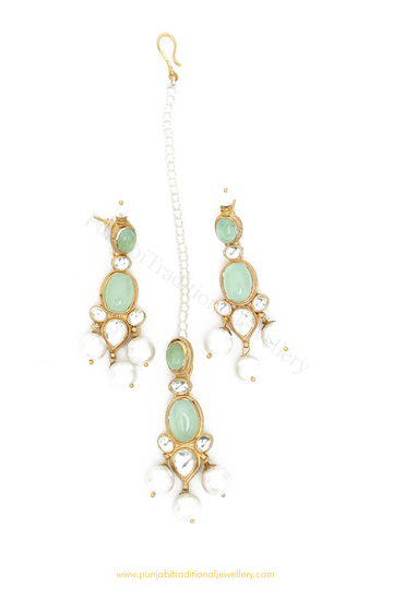 Gold Finished Mint Kundan Earring Tikka Set By PTJ